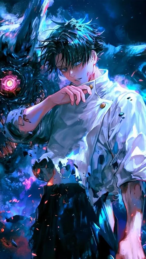 Hình Gojo thi triển thuật thức, đôi mắt chú linh sau lưng, luồng xoáy mạnh, cảm giác bị kéo vào kết giới