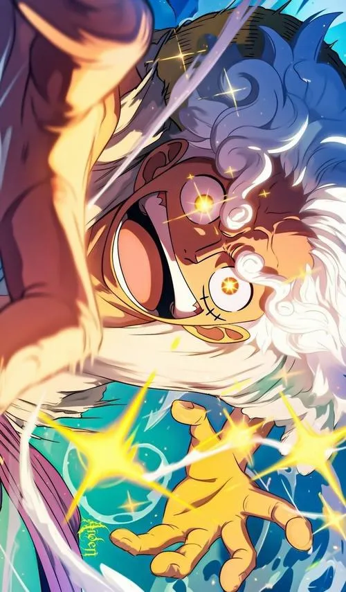 Nền máy tính One Piece dùng bố cục trung tâm, nhân vật nổi bật, nền sau giản mà sâu.