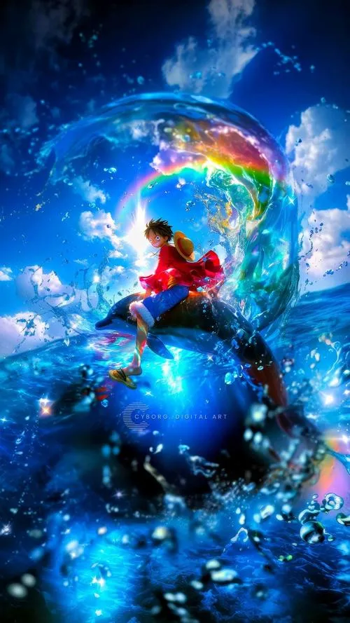 Ảnh anime One Piece chơi tương phản cao, viền sáng nhân vật, nhìn nổi bật trên màn hình tối.