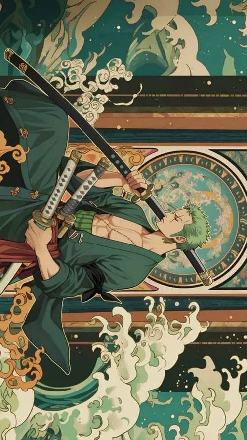 Hình Zoro 4K ngầu kiểu cyberpunk, áo choàng tối, ánh tím xanh phản quang, thần thái sắc lạnh