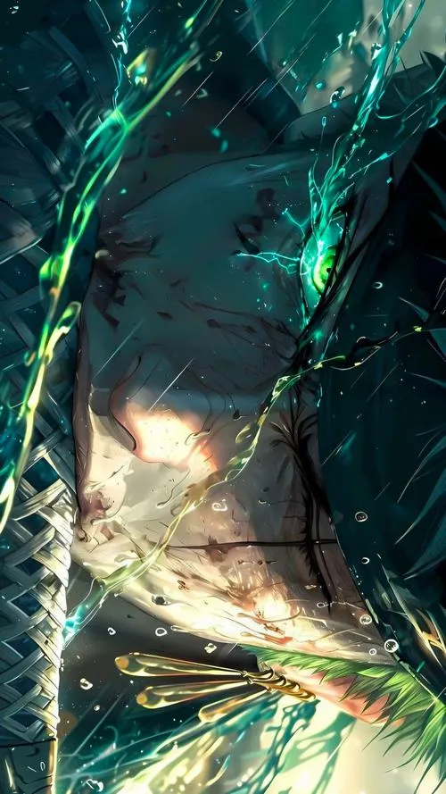 Nền máy tính Zoro sắc lạnh quay lưng, khí xanh bốc quanh người, nền tối sâu, hợp set màn hình khóa