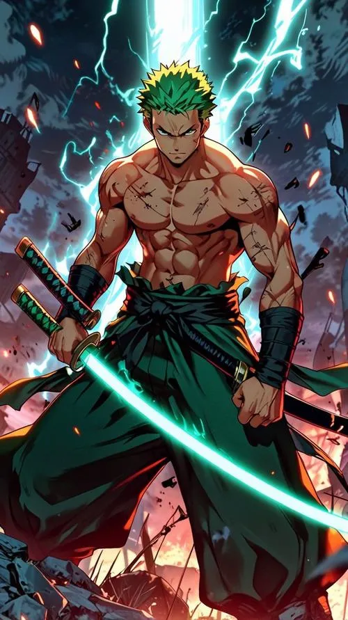 Hình Zoro đứng giữa nền khói mù, hạt nhiễu giả lập nhẹ, nhìn như tranh in, chất bụi bặm