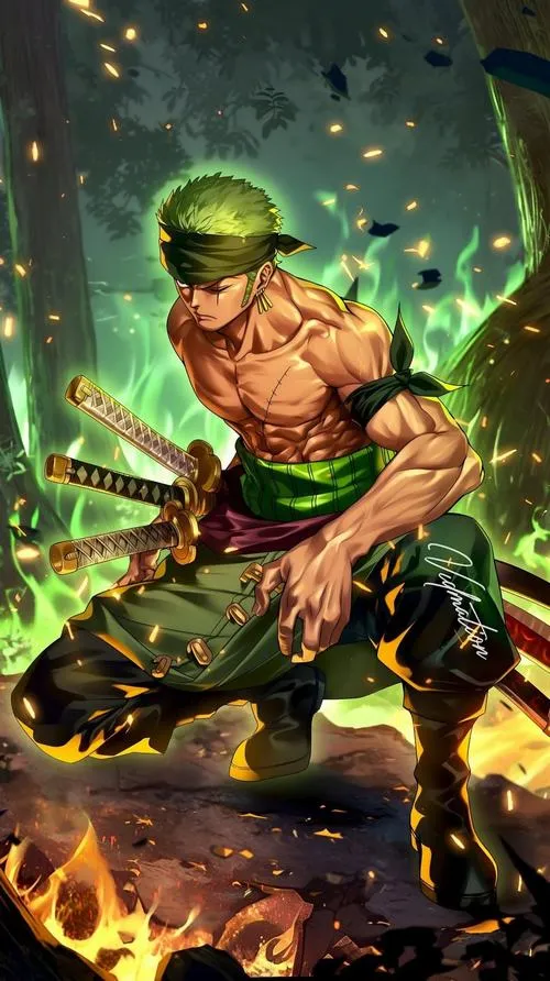 Ảnh anime Zoro thể hiện tính trung thành, dáng chắn phía trước, nền tối sạch, cảm giác tin cậy