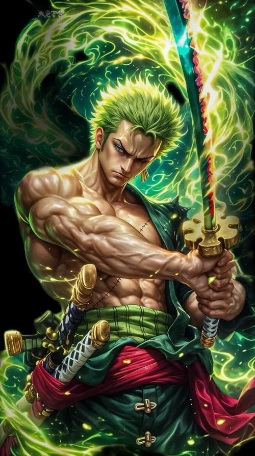 Hình Zoro 4K ngầu đứng một mình trong aura xanh dày, đường kiếm lóe sáng, nền đen tối giản
