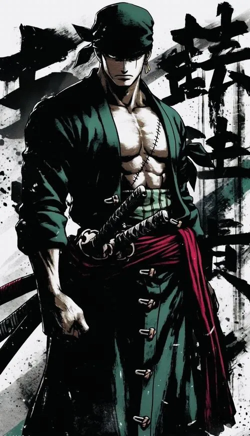 Hình anime Zoro trong khung tối, khoảng trống rộng, icon dễ đọc, hợp cả điện thoại lẫn máy tính