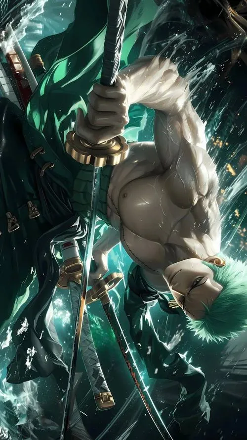 Ảnh nền Zoro cực nét tư thế ngả người, ba kiếm văng chéo khung, chất fanart bụi bặm