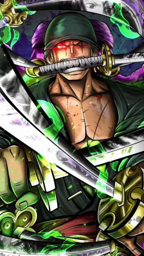 Wallpaper Zoro siêu chất lao lên chém, tia lửa xanh văng mạnh, bố cục dọc hợp làm avatar