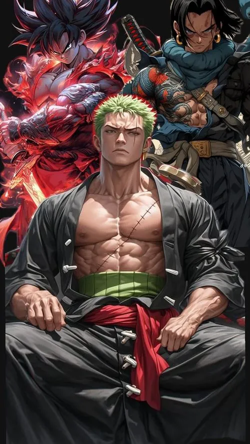 Hình Zoro 4K ngầu đứng thẳng, aura đỏ xanh như quỷ khí, Haki dồn nén tạo cảm giác nghẹt thở