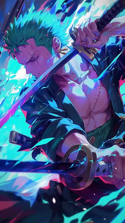 Nền điện thoại Zoro ngầu phong cách glitch neon, màu vỡ rực, kiếm lóe sáng, nhìn phát thấy chất