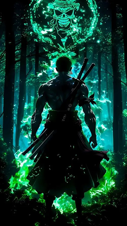 Hình Zoro 4K ngầu silhouette giữa cổng lửa cam, bóng đổ dài, vibe trận chiến cuối cực căng