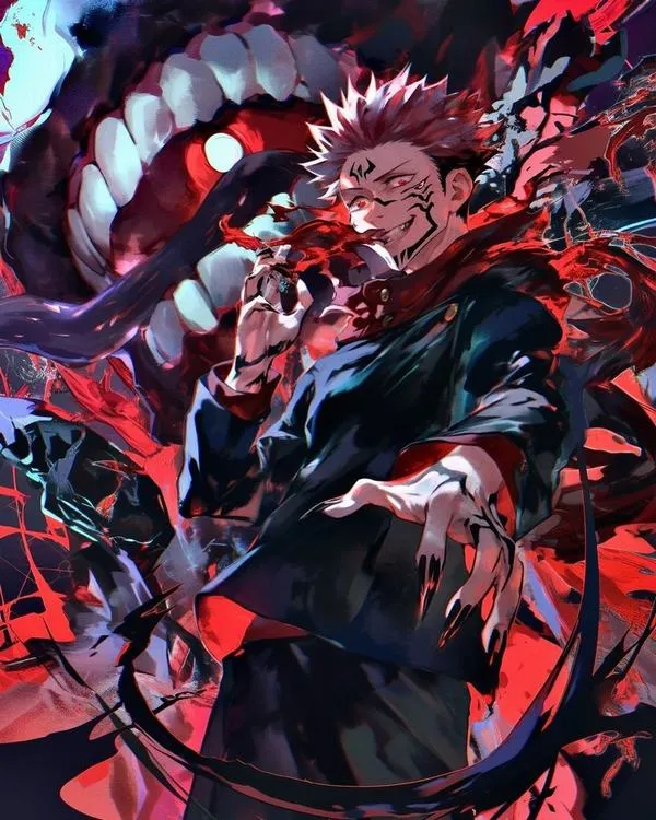 Hình Sukuna lộ khối thịt trắng như mặt nạ, bốn mắt lệch tạo điểm nhấn rất khó quên