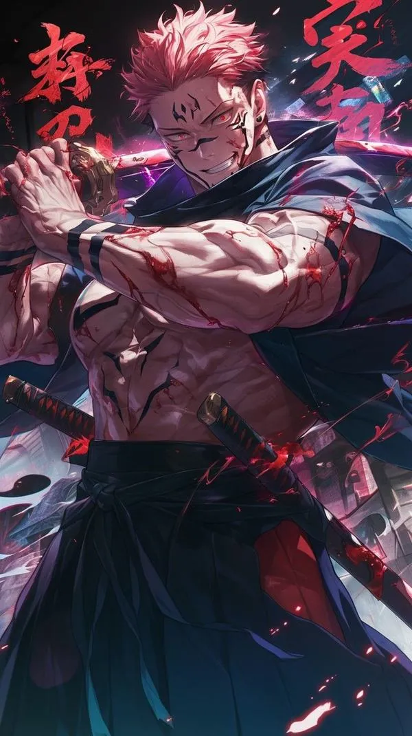 Ảnh Sukuna lộ dấu vằn chạy dọc ngực, ánh sáng viền làm từng đường nét nổi rắn rỏi