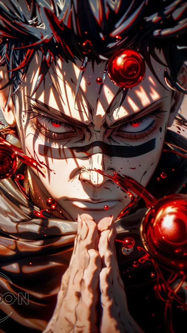 Hình Sukuna lướt qua Itadori Yuji, nét cười mỉa như trêu ngươi, khung hình lạnh toát