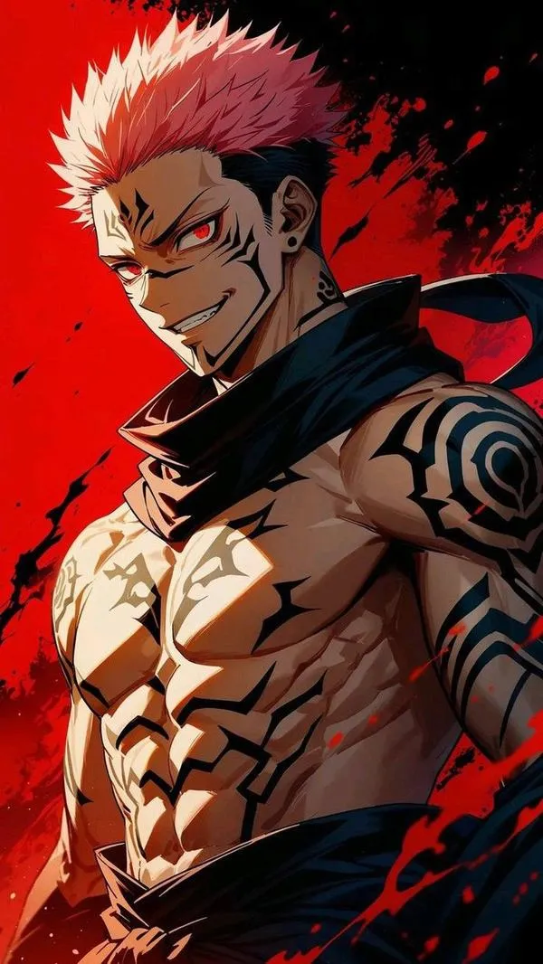Ảnh cận mặt Sukuna Ryomen bốn mắt, mảng trắng như mặt nạ và nụ cười đáng sợ