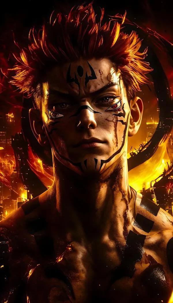 Ảnh Sukuna dùng Kamino, lửa bùng như mũi tên cháy rực trên nền tối u ám