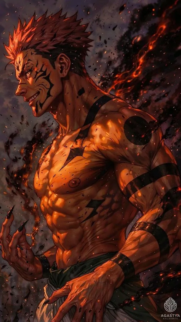 Ảnh Sukuna đứng giữa tàn tích, nền bụi dày, dáng thong thả nhưng áp lực đè nặng