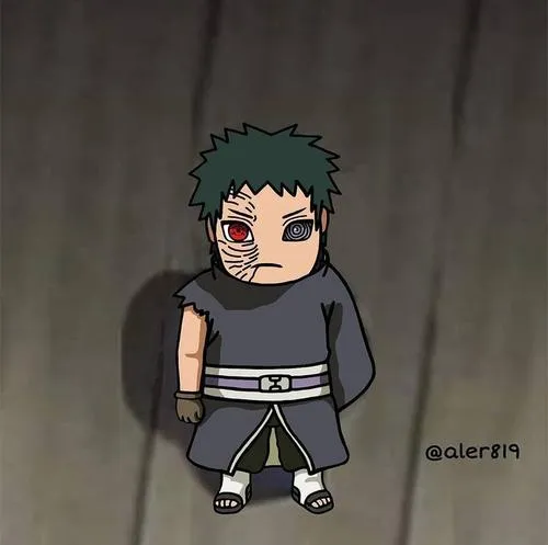 Obito chibi Sharingan rực, đường nét gọn, hợp làm ảnh đại diện kiểu anime