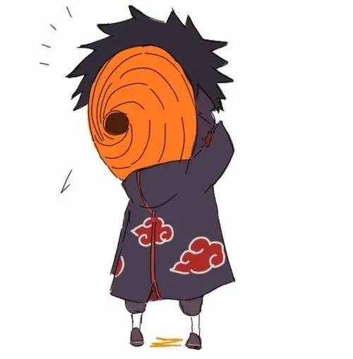 Obito chibi phong cách mảng màu phẳng, viền dày, ánh mắt phát sáng cực hút
