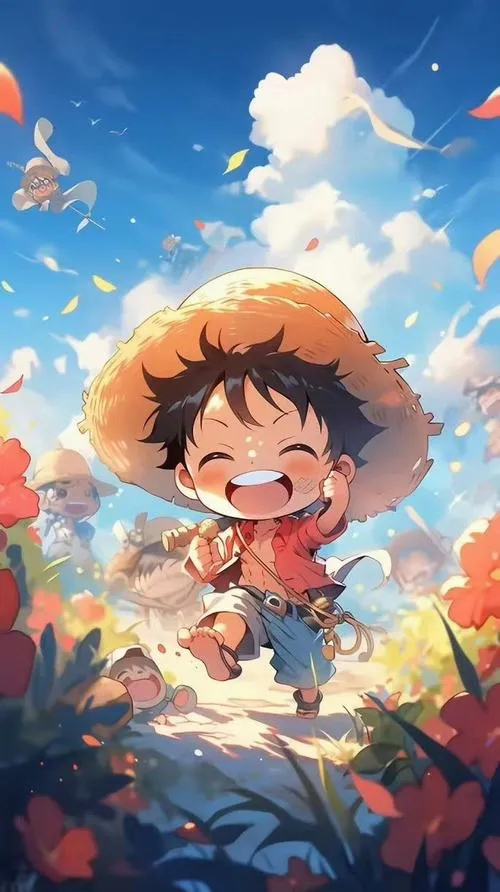 Hình anime Luffy chibi bay giữa trời xanh, mũ rơm nổi bật, mood phiêu lưu rất đã mắt