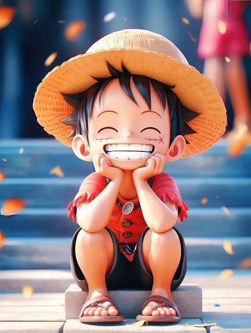 Ảnh Luffy chibi ngồi cười hiền, nền bokeh nhẹ, vibe chữa lành, dùng làm hình nền đẹp