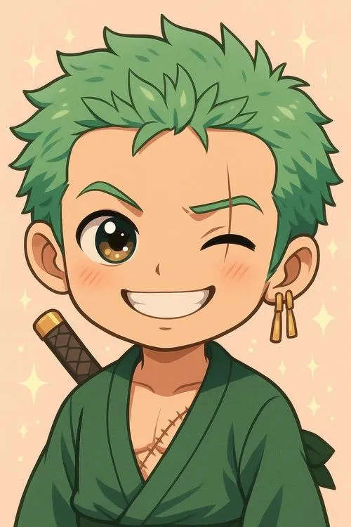 Hình Zoro chibi cận mặt, tóc xanh nổi bật, nét bo tròn, hợp làm avatar tối giản