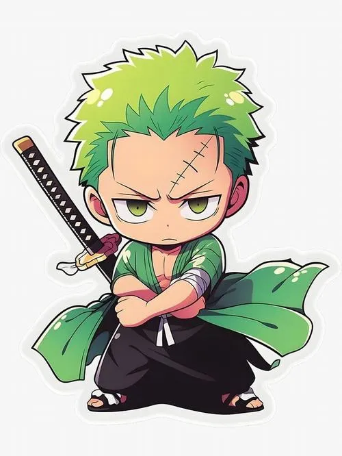 Hình nền Zoro chibi ngồi khoanh tay giữ kiếm, tông xanh chủ đạo, cảm giác bình tĩnh lạnh