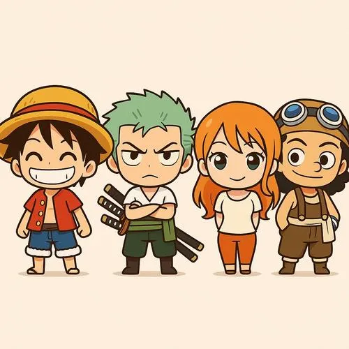Ảnh băng Mũ Rơm chibi đứng hàng ngang, Luffy Zoro Nami Chopper, bố cục gọn gàng