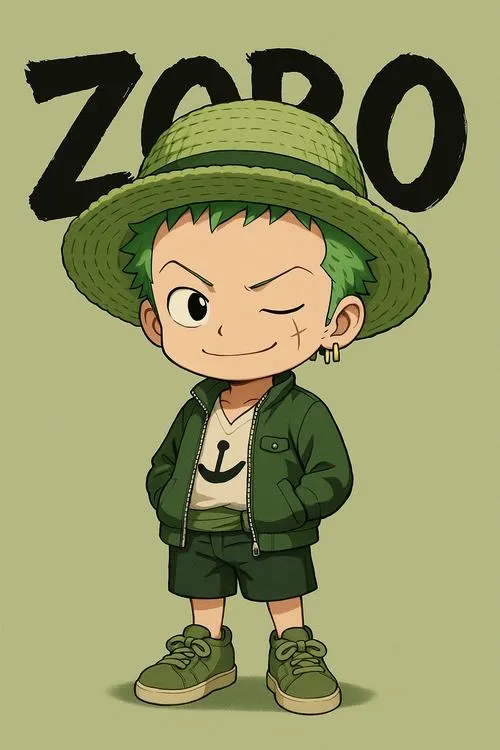 Hình Zoro chibi tối giản kèm chữ Zoro, màu xanh dịu, hợp làm avatar sạch sẽ
