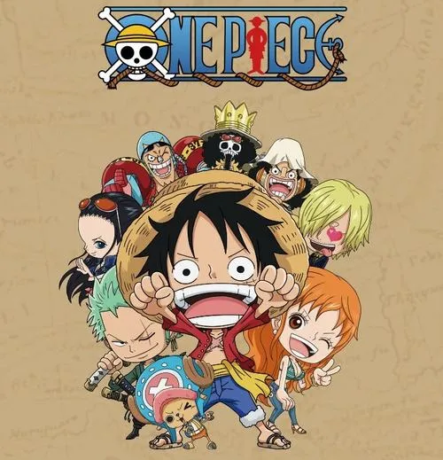 Ảnh bìa One Piece chibi có logo và Luffy cười lớn, bố cục gọn, hợp trang cá nhân