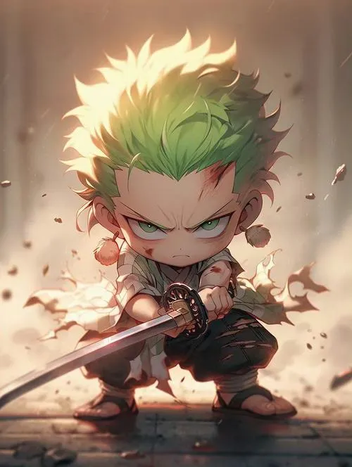 Ảnh Zoro chibi lao tới tung kiếm, bụi bay mù, ánh sáng mạnh, cảm giác rất chiến