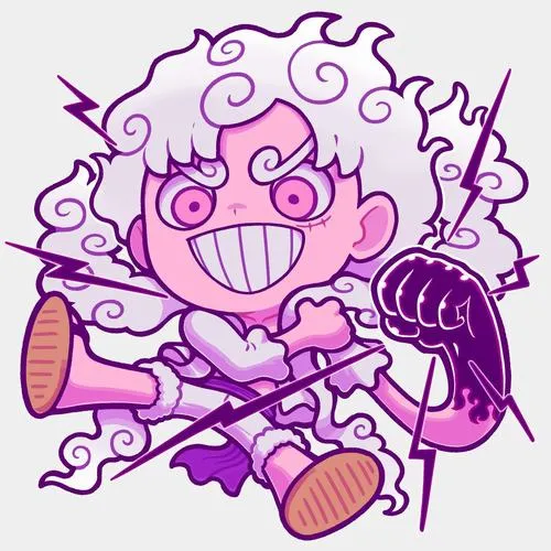 Ảnh Luffy Gear 5 chibi nét tím, biểu cảm phóng đại, kiểu sticker hợp dán khung chat