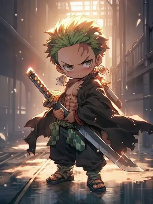 Hình nền Zoro chibi đứng trong ánh đèn vàng, dáng chiến đấu, không khí đậm chất đường phố
