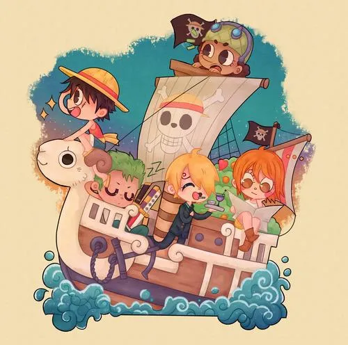 Ảnh fanart tàu Thousand Sunny chibi chở cả nhóm, màu tươi, cảm giác đồng đội ấm áp