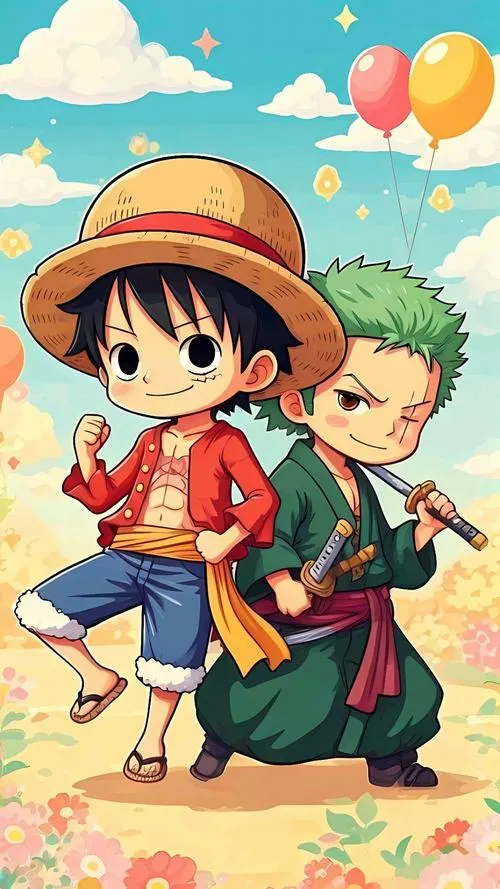 Hình anime Luffy đi cạnh Zoro và Sanji, vibe vui nhộn, nền sáng, dùng làm avatar ổn