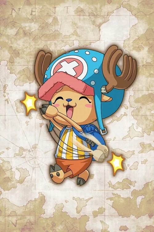 Tranh One Piece chibi Chopper tung tăng, mắt to má hồng, nền giấy cổ điển, nhìn rất dễ thương