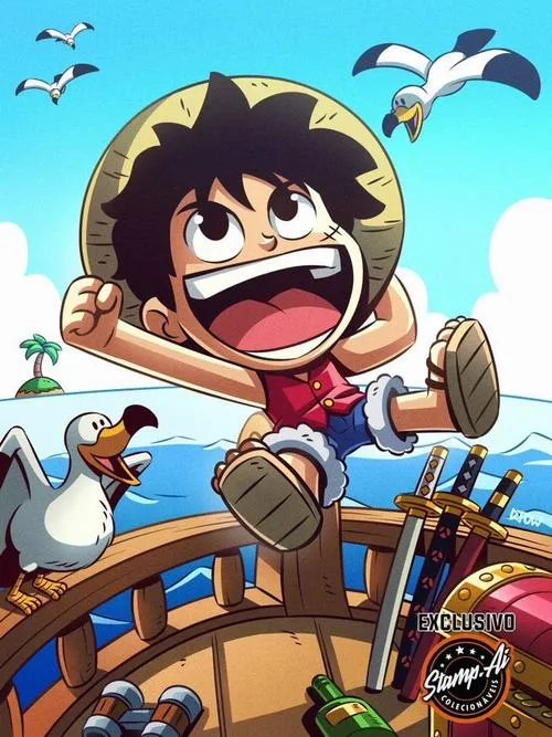 Ảnh Luffy chibi đứng mũi tàu hét lớn, gió biển phóng khoáng, hợp làm hình nền dọc