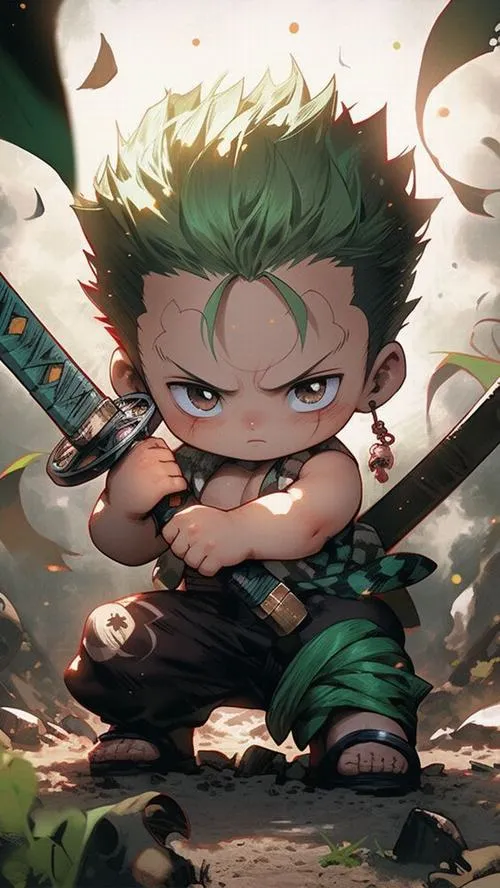 Ảnh Zoro chibi ngồi canh kiếm, ánh sáng mạnh, nét viền rõ, hợp ai thích phong cách chiến