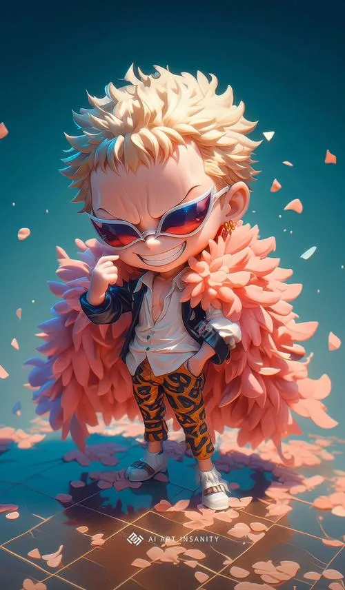 Ảnh đẹp Doflamingo chibi áo lông hồng, kính râm nổi bật, màu rực, nhìn vừa lạ vừa chất