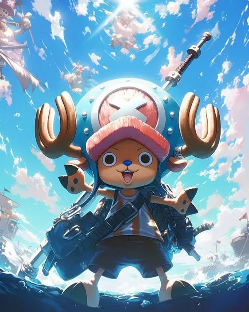 Hình Chopper chibi đứng giữa bọt nước, cảm giác mát lạnh, hợp làm hình nền 4K sáng rõ