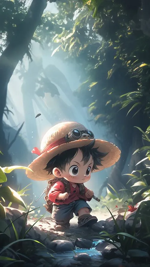 Ảnh fanart Luffy chibi trong rừng sương, ánh nắng loang nhẹ, không khí yên bình dễ chịu