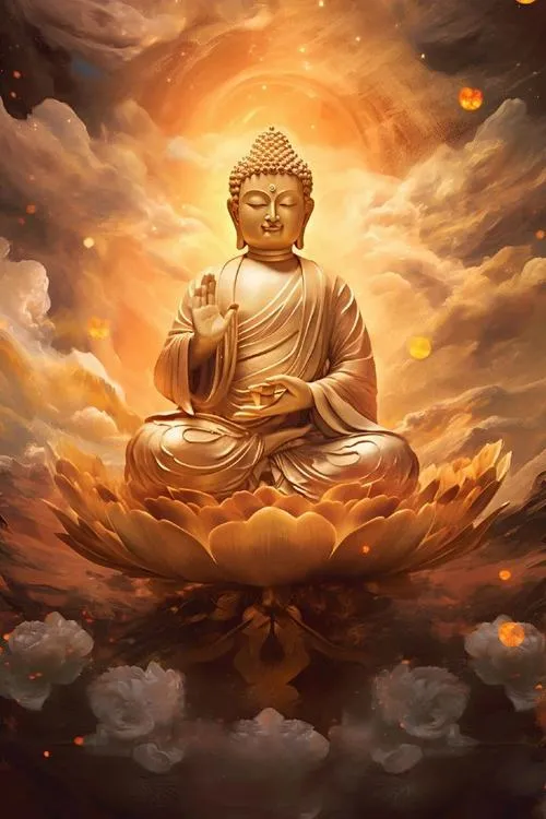 Góc bàn thờ có tượng Phật và hoa sen