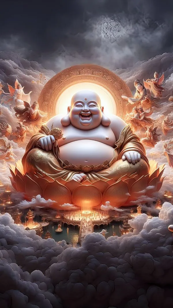 Ảnh Phật Thích Ca ngồi đài sen nền sáng dịu mắt