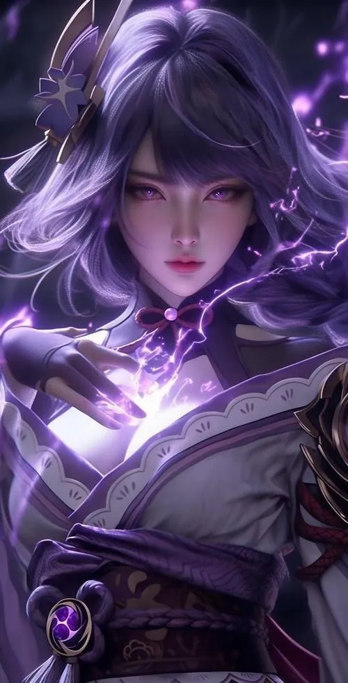 72 Hình Nền Raiden Shogun với kimono tím sang trọng và hiệu ứng lôi điện bùng nổ