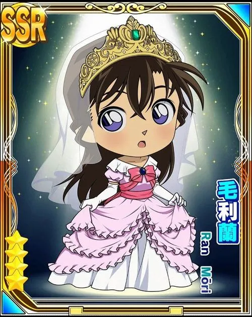 Minh họa Ran Mori chibi mặc váy dạ hội, nơ tóc xanh nổi bật, nét viền mảnh kiểu thẻ sưu tầm