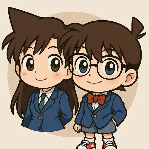 Hình Ran Mori chibi đứng cạnh Conan mặc vest, tỉ lệ đầu to thân nhỏ, phong cách tối giản dễ nhìn