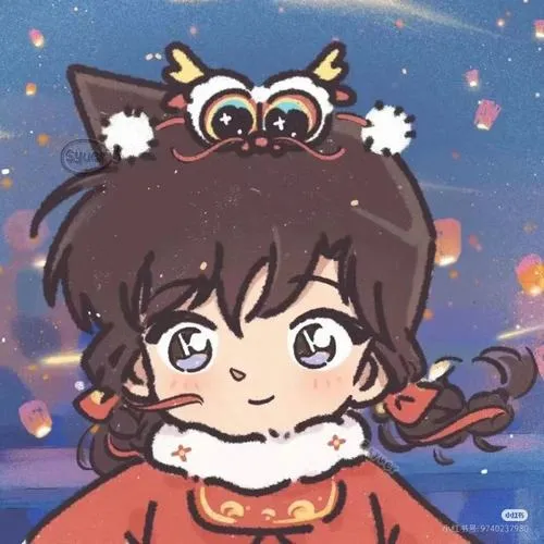 Tranh Ran Mori chibi mặc áo đỏ, nền trời sao, biểu cảm tò mò, tóc bồng nhẹ và má hồng phơn phớt