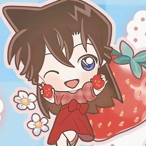 Minh họa Ran phiên bản chibi ôm dâu, mắt to highlight sáng, nền xanh nhạt có họa tiết nhỏ