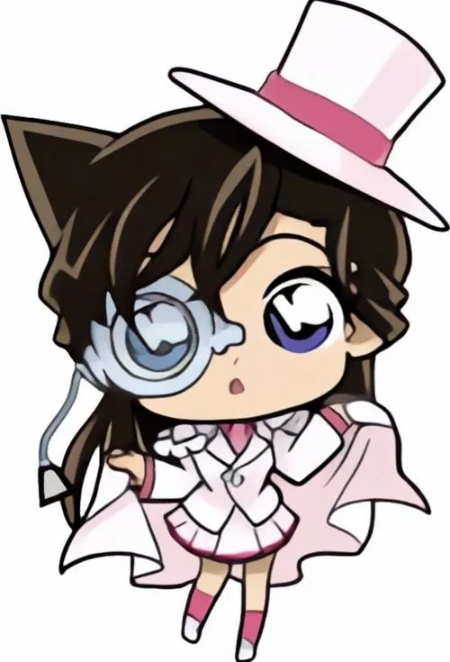 Hình Ran chibi diện đồ trắng đội mũ, dáng đứng thẳng, viền nét mảnh, nền trắng sạch sẽ