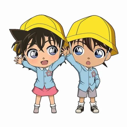 Tranh Conan và Ran chibi đội mũ vàng, tay giơ chào, màu pastel nhẹ, nền trơn dễ thương