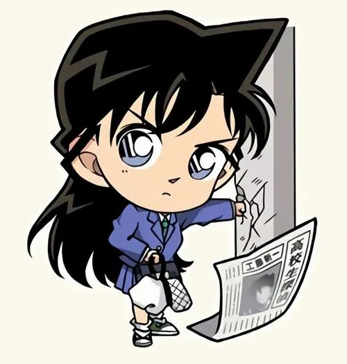 Ảnh Ran kiểu đầu to mặc đồng phục xanh, cầm giấy báo, ánh mắt nghiêm túc, bố cục gọn